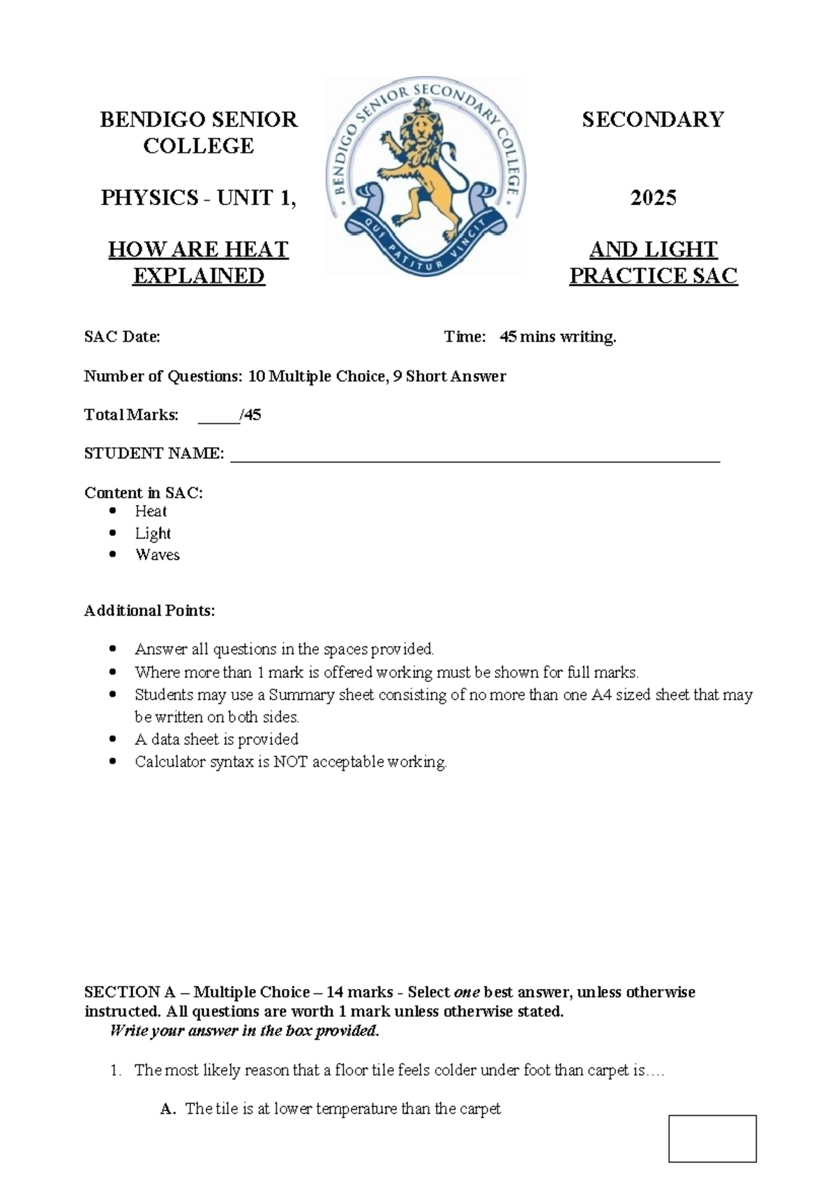 2025 PHYSICS Unit 1 How Heat and Light are Explained Practice Test ...