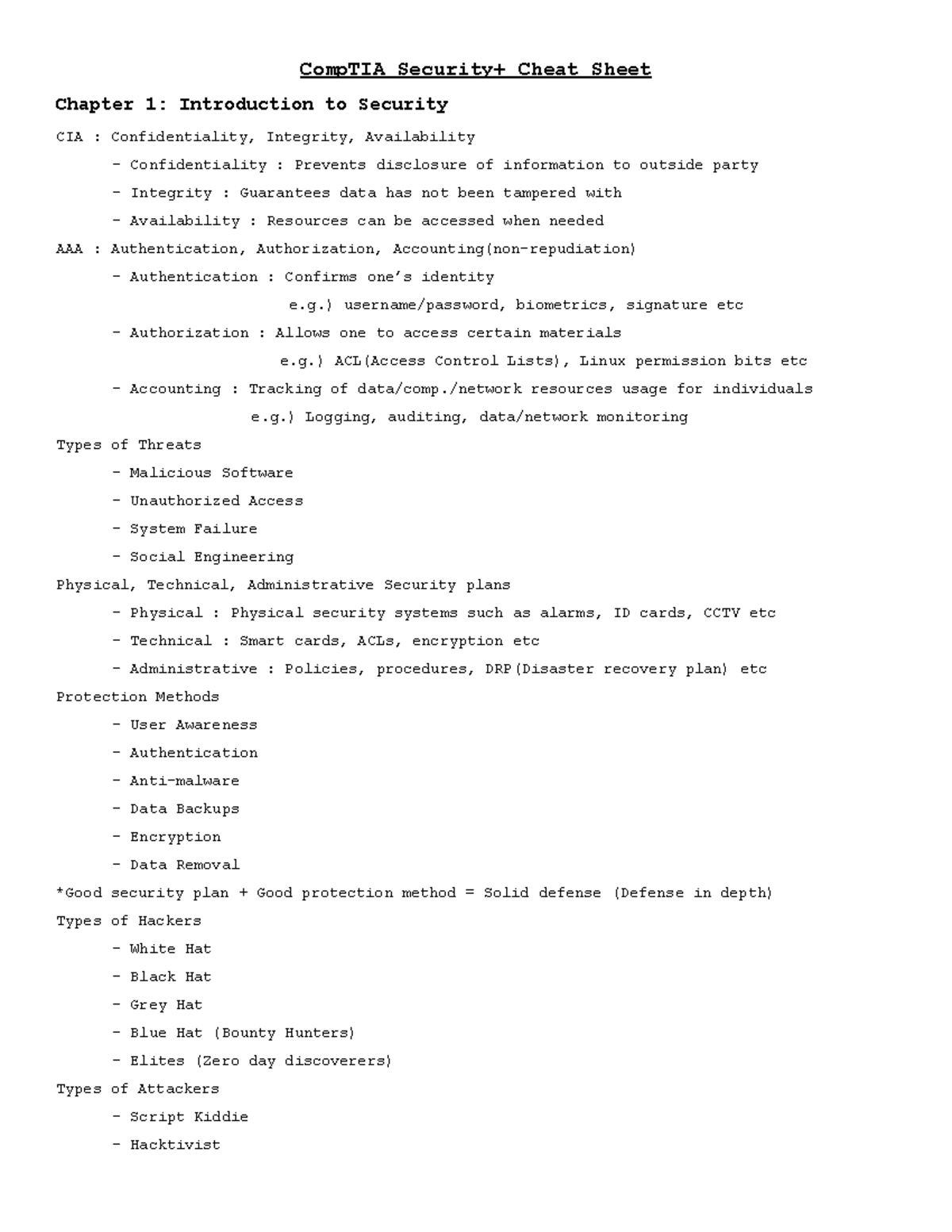 CompTIA Security Cheat Sheet: Key Concepts and Threats Overview - Studocu