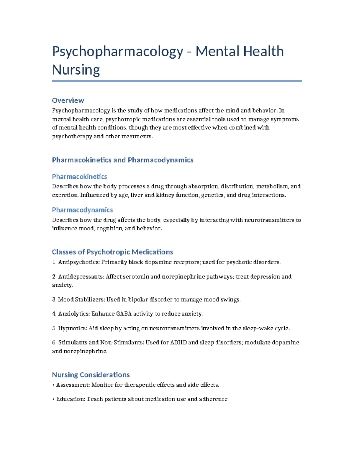 Psychopharmacology Overview for Mental Health Nursing (MHN 101) - Studocu
