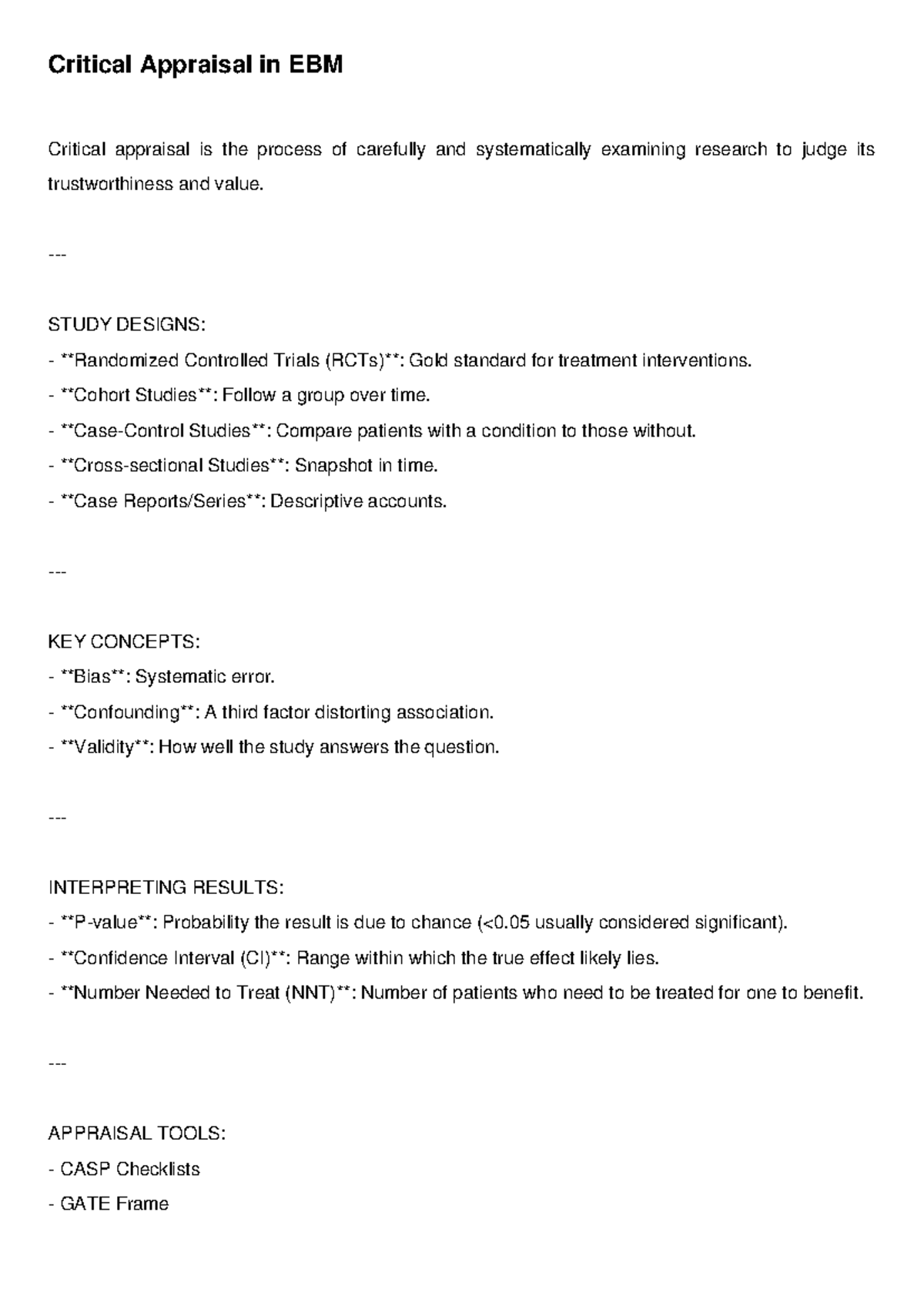 Critical Appraisal in EBM: Key Concepts and Tools - Studocu