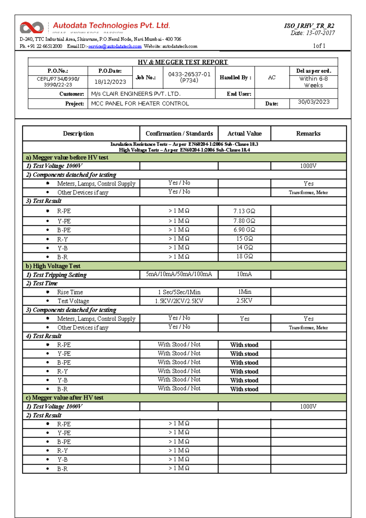 MCC Panel High Voltage & Megger Test Report - Job No. 0433-26537-01 ...