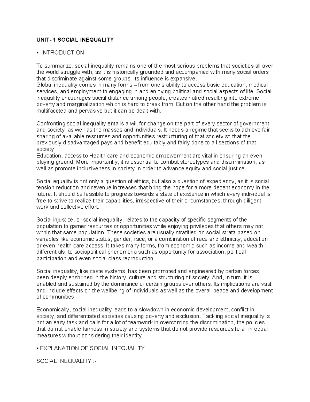 UNIT-1: Understanding Social Inequality and Its Implications - Studocu
