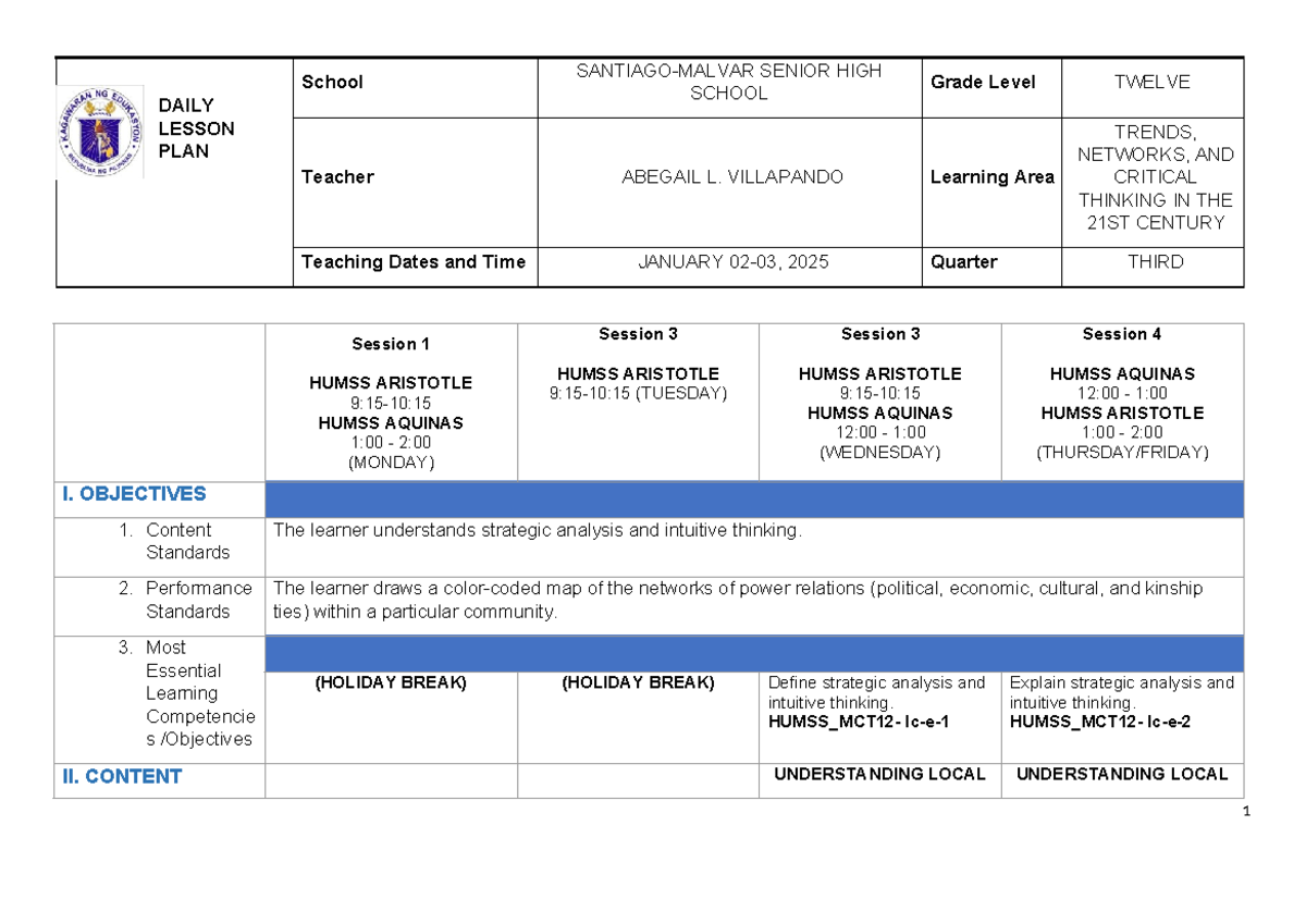 DLL - Trends, Networks, and Critical Thinking - Q3 - Week 3 Lesson Plan ...