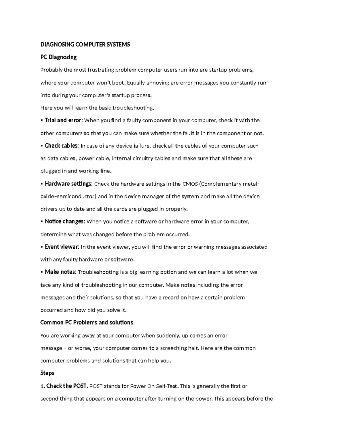 Diagnosing Computer Systems - DIAGNOSING COMPUTER SYSTEMS PC Diagnosing ...