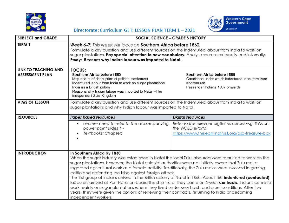 Lesson Plan SP Grade 8 SS History T1: Indentured Labour in Southern ...