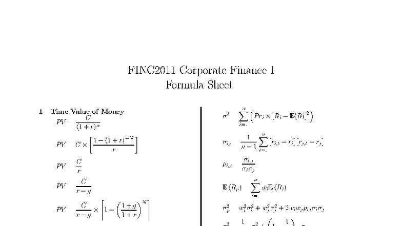 FINC2011 Corporate Finance I Formula Sheet (Final Version) - Studocu