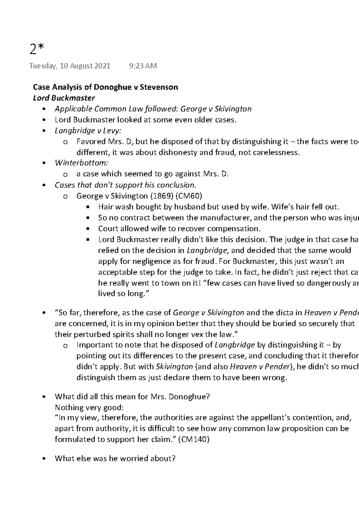 Case Analysis of Donoghue v Stevenson (CM60) - Part 1 Overview - Studocu