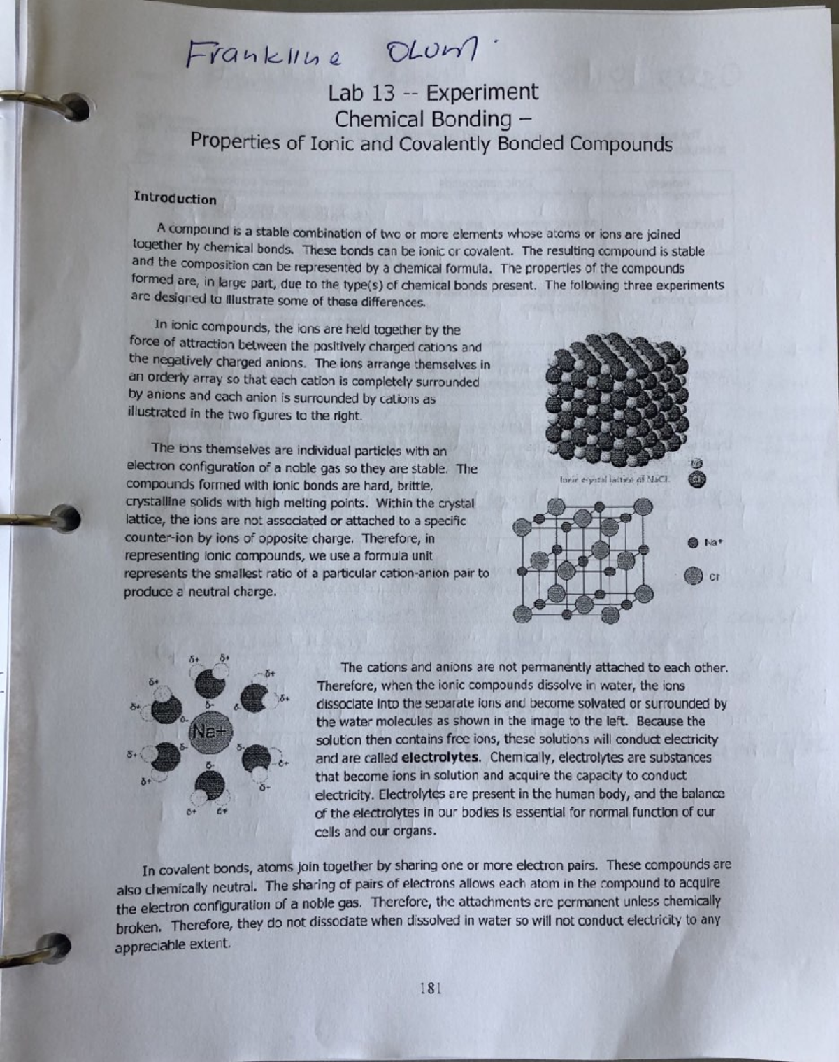 Chem 1010 Lab 13: Properties of Ionic & Covalent Bonds Analysis - Studocu