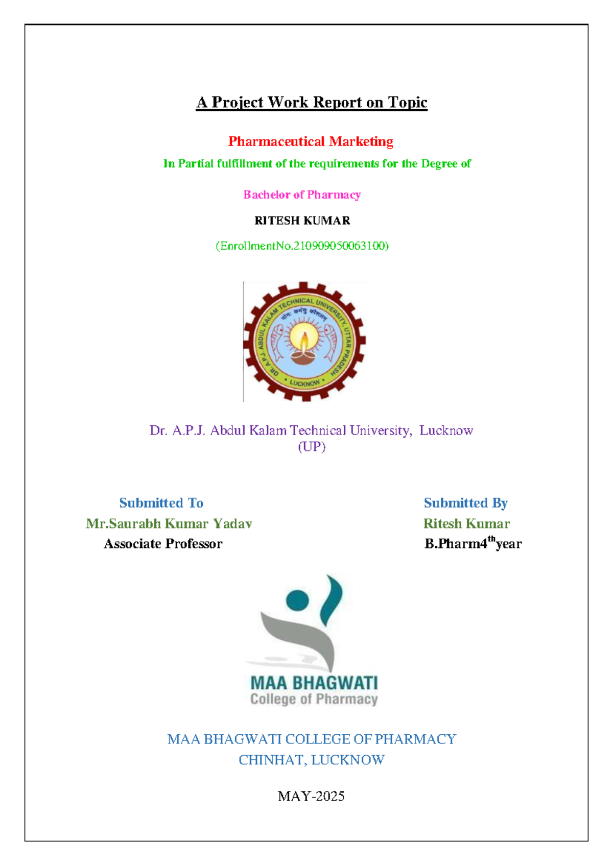 Pharmaceutical Marketing Project Report - B.Pharm 4th Year - Studocu
