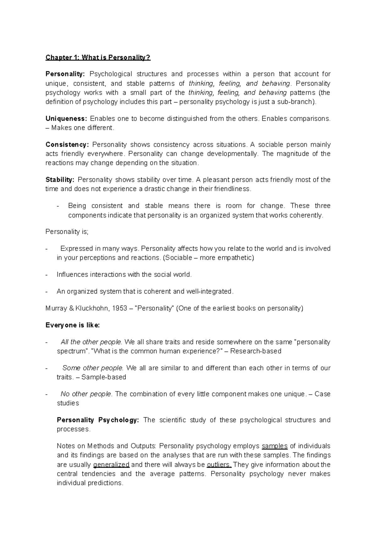 360 - Midterm Notes: Understanding Personality Psychology and Its ...