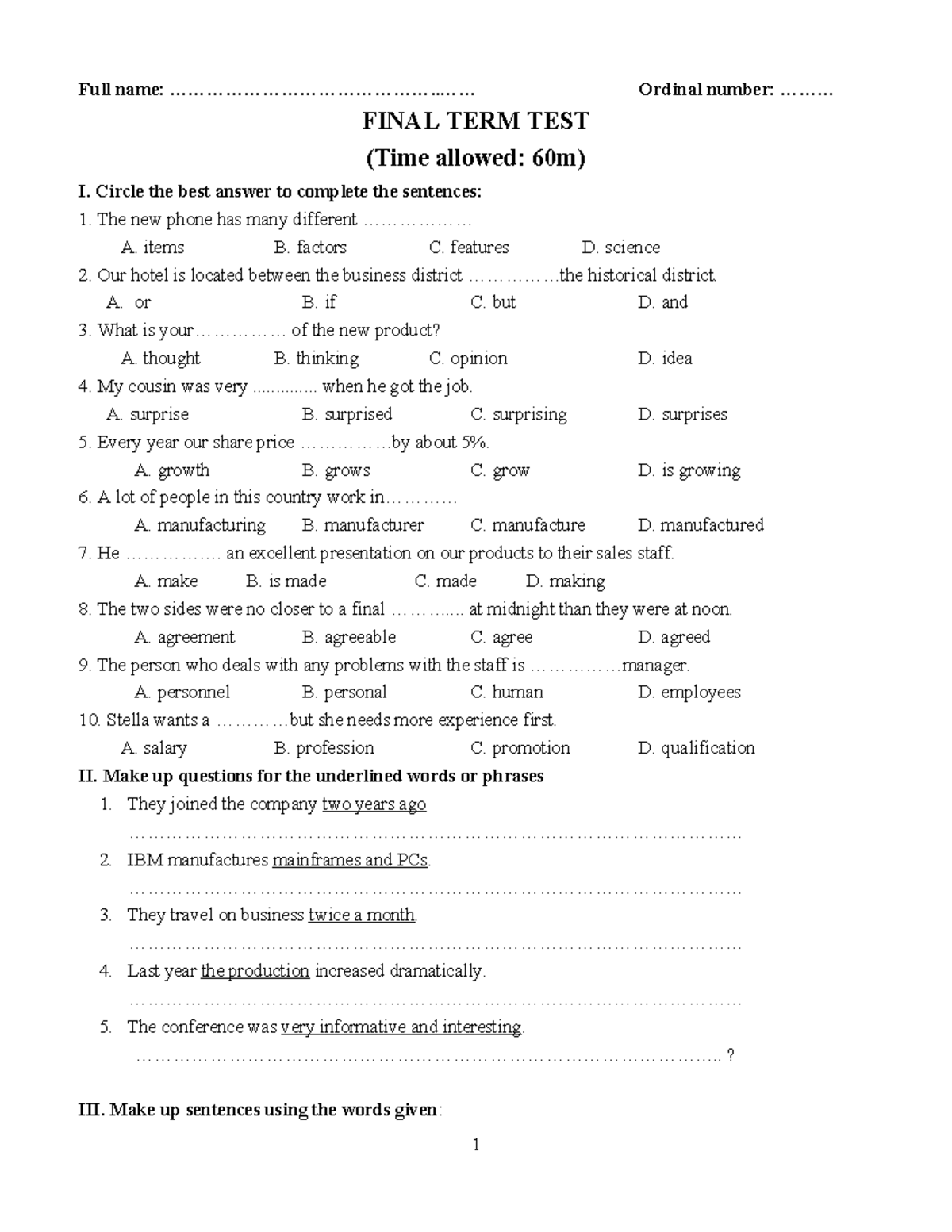 FINAL TERM TEST (Course Code: Test 2) - English Language Skills - Studocu
