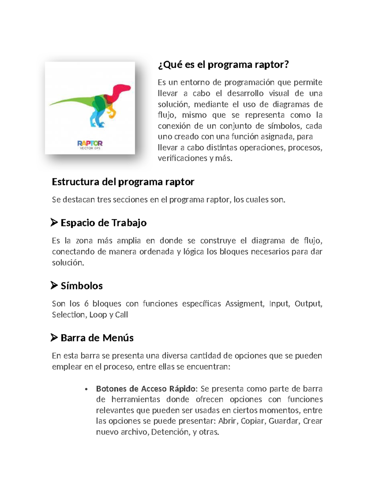 Descripción del Programa Raptor: Entorno de Programación Visual - Studocu