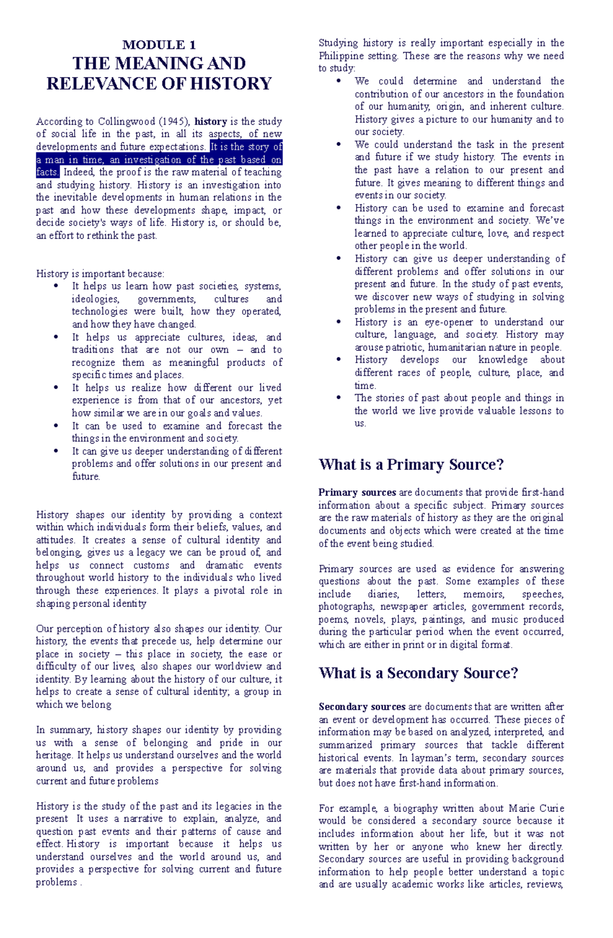 MODULE 1: Understanding the Meaning and Relevance of History - Studocu
