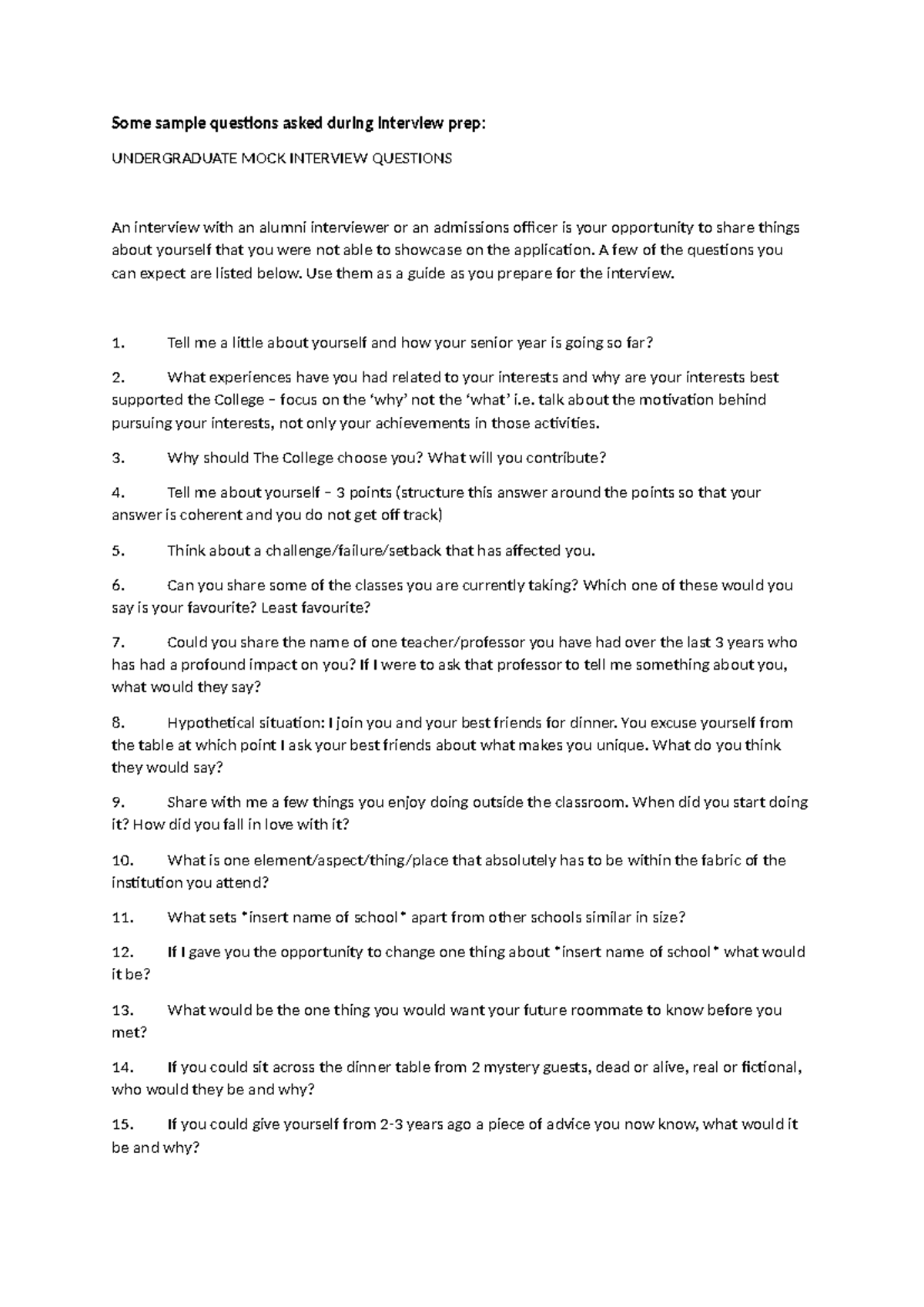UNDERGRADUATE MOCK INTERVIEW QUESTIONS: Sample Prep Guide - Studocu