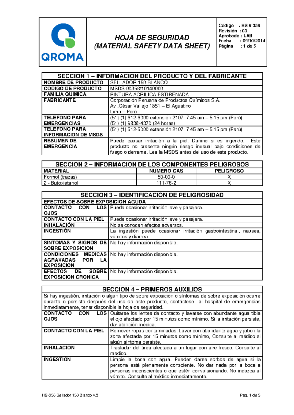 Hoja de Seguridad MSDS Sellador 150 Blanco - Código HS 358 - Studocu