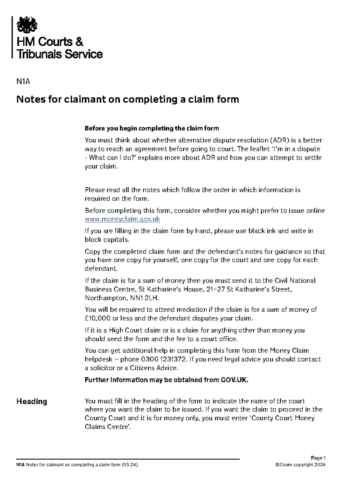 N1A 05.24 Claim Form Guidance Notes for Claimants - Studocu