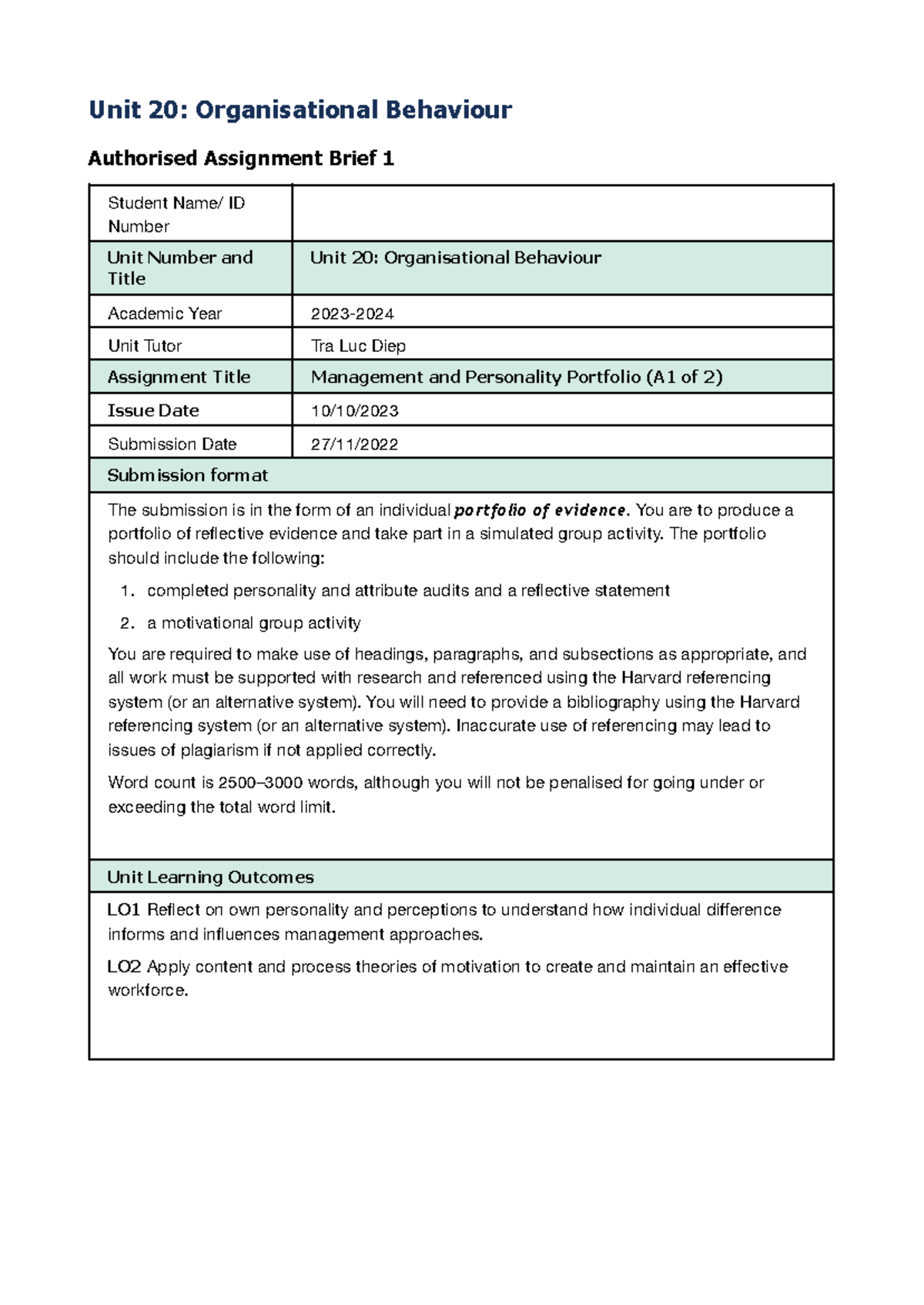 Unit 20 Organisational Behaviour Assignment Brief 1 (A1 of 2) 2023-24 ...