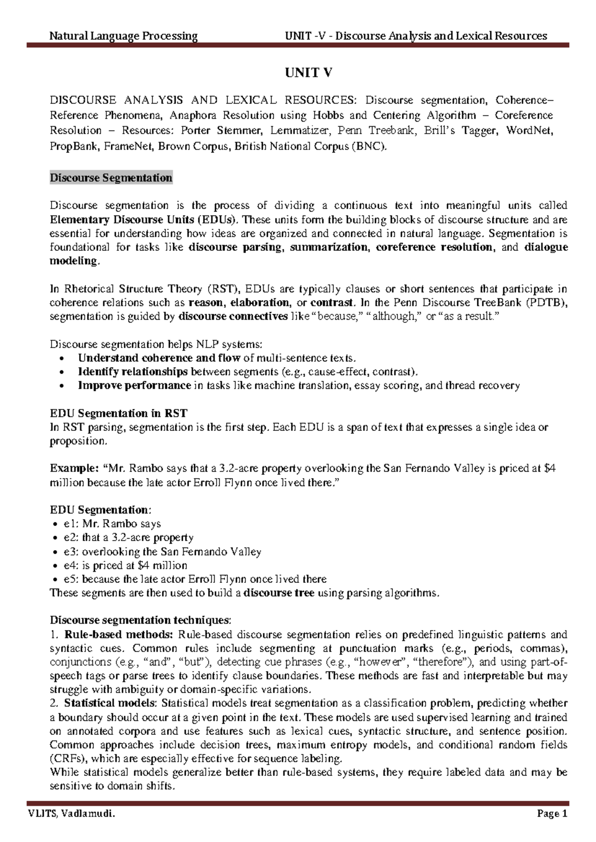 NLP - Unit 5 - Discourse Analysis & Lexical Resources Notes - Studocu