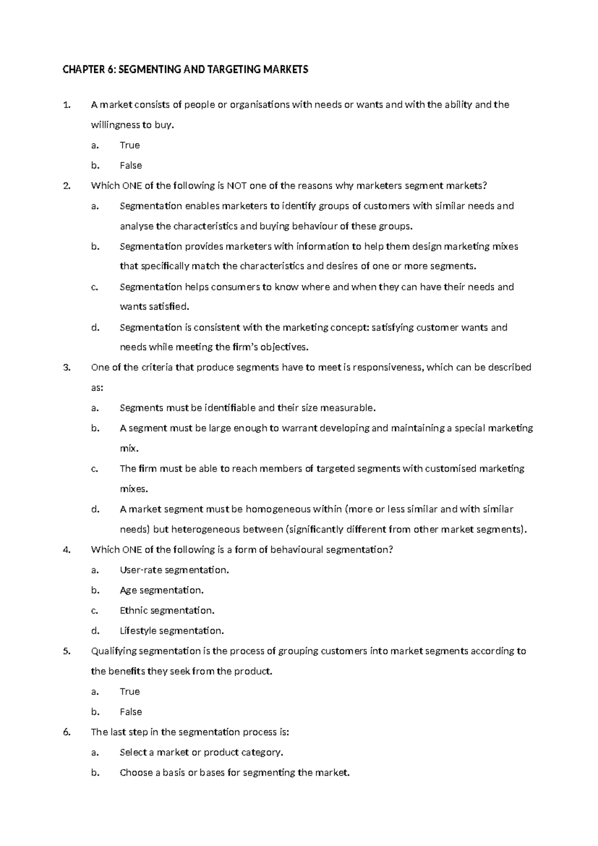 CHAPTER 6: Practice Questions on Market Segmentation and Targeting ...