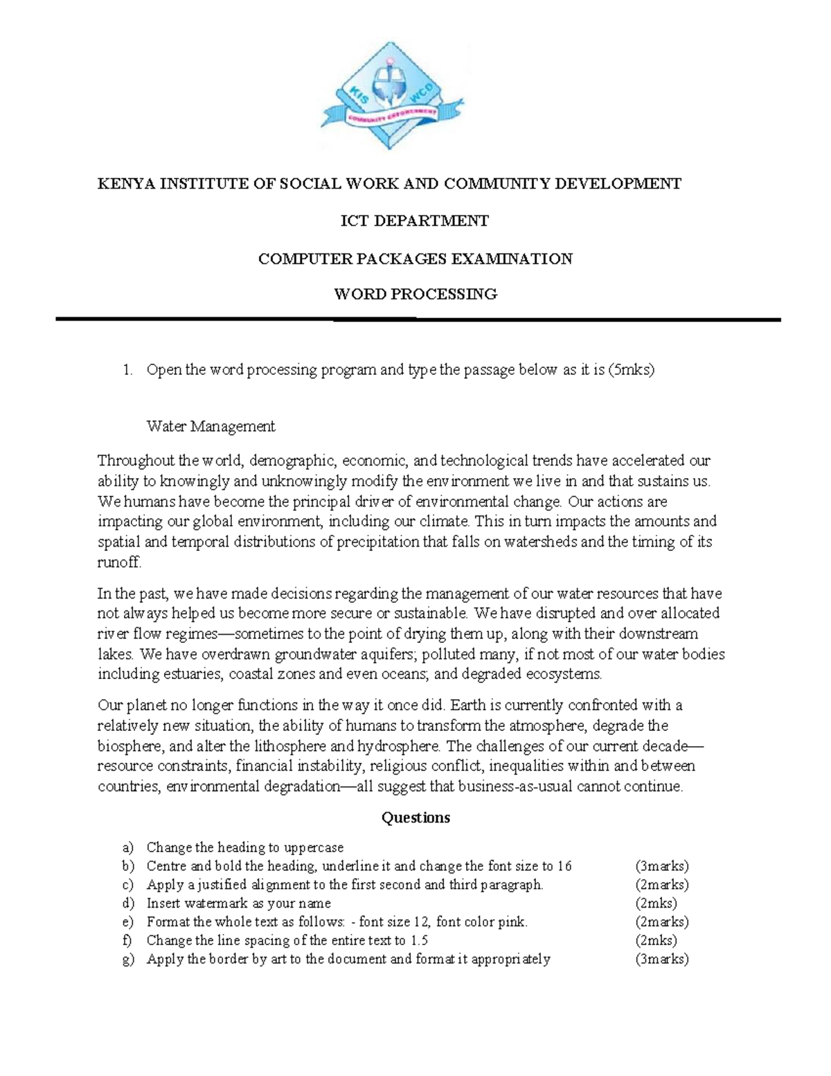 WORD Processing Exam - KISWCD ICT Dept. Computer Packages - Studocu