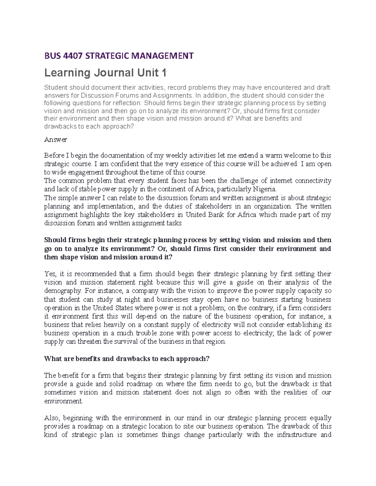 BUS 4407 STRATEGIC MANAGEMENT Learning Journal Unit 1 Term 4 2021 ...