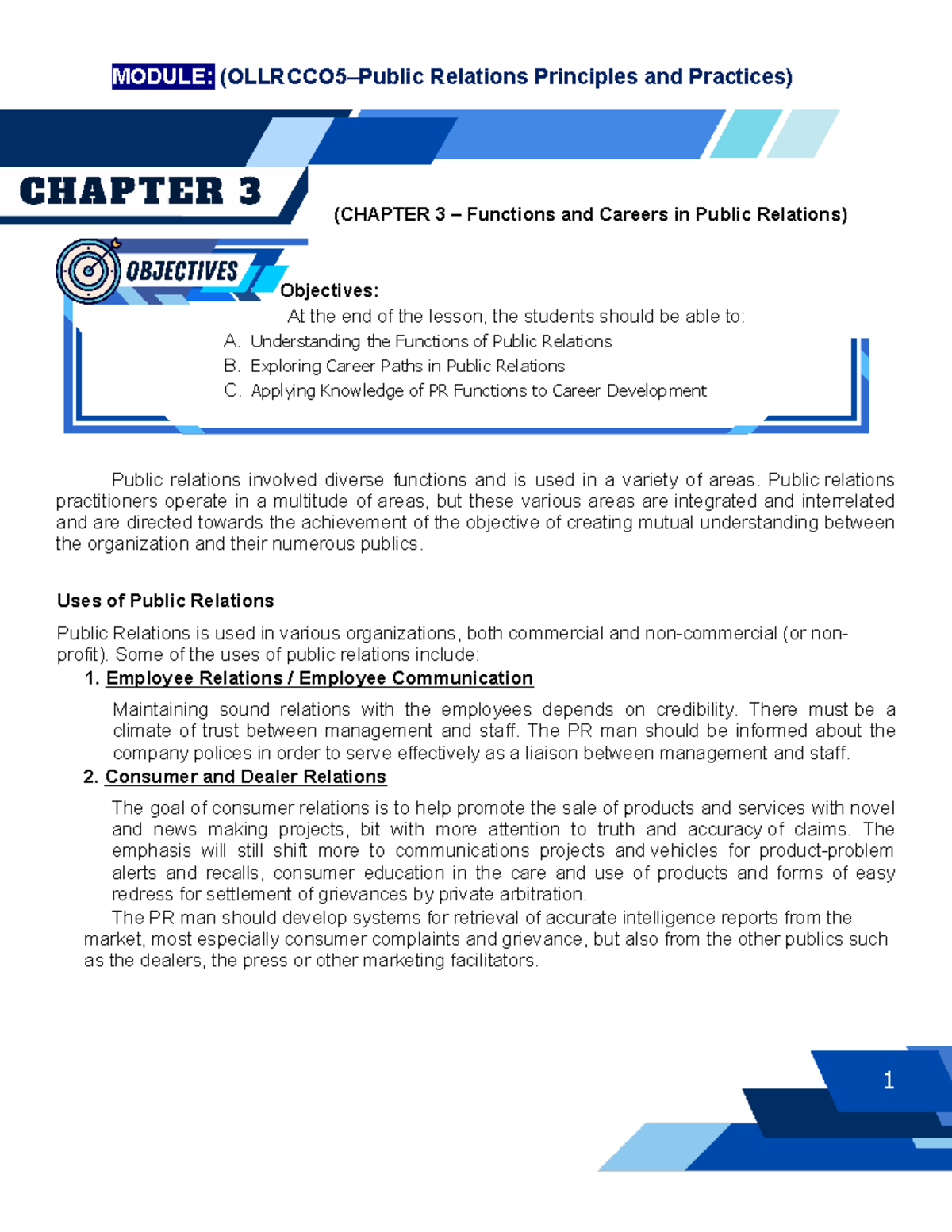 MODULE: PR Principles & Practices (CHAPTER 3 Functions & Careers) - Studocu