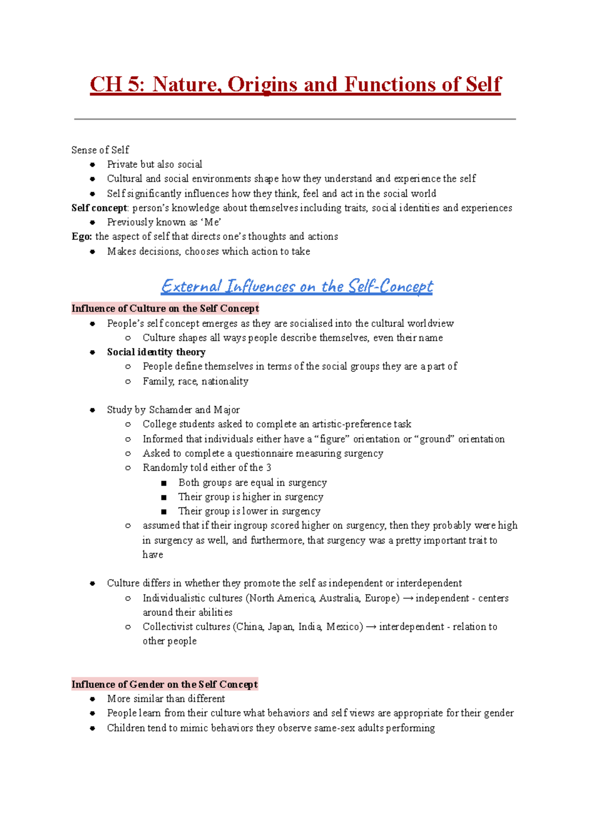 Chapter 5 Notes - Nature and Functions of Self (PSYC 101) - Studocu