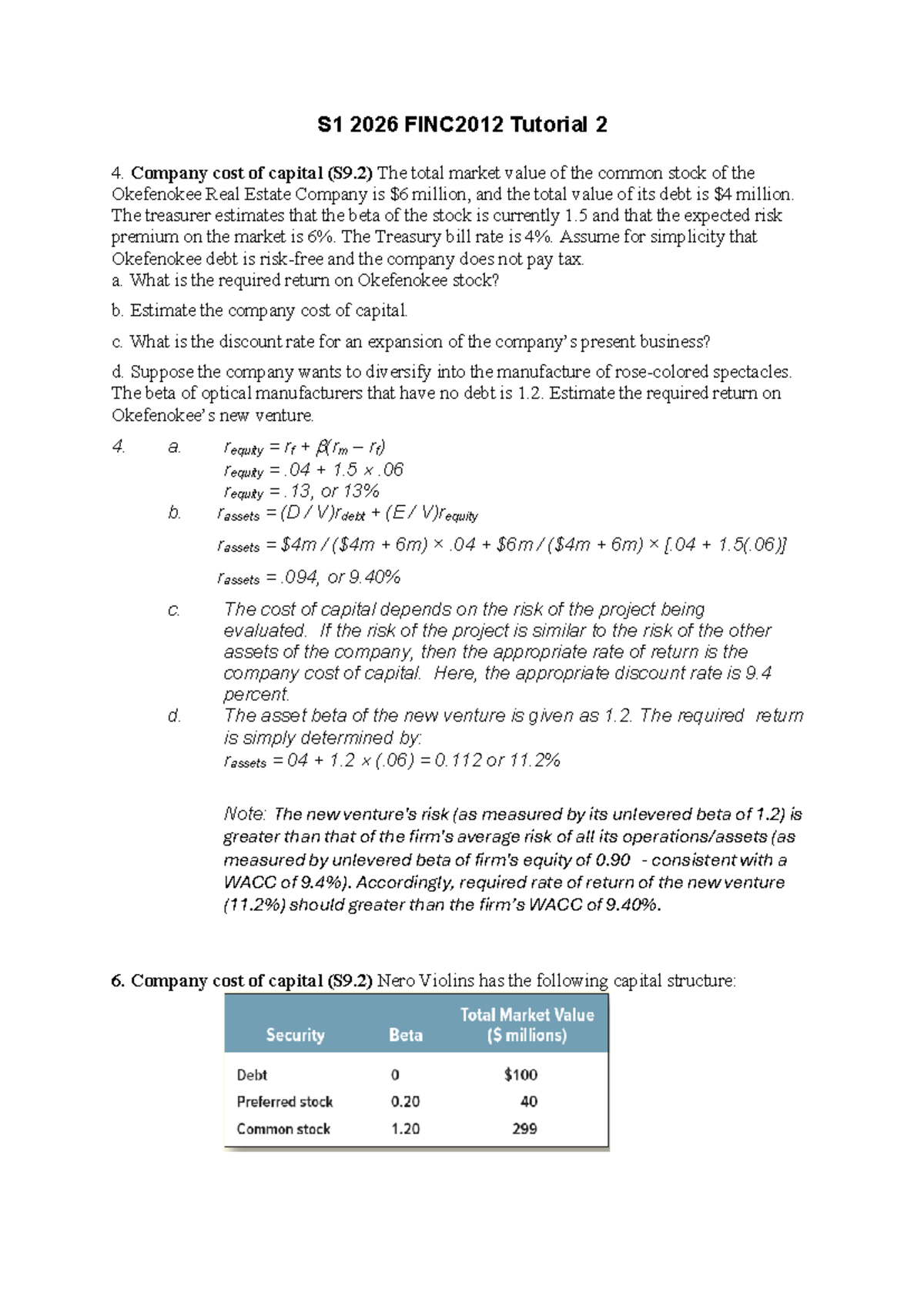 FINC2012 Tutorial 2: Company Cost of Capital & Risk Analysis - Studocu