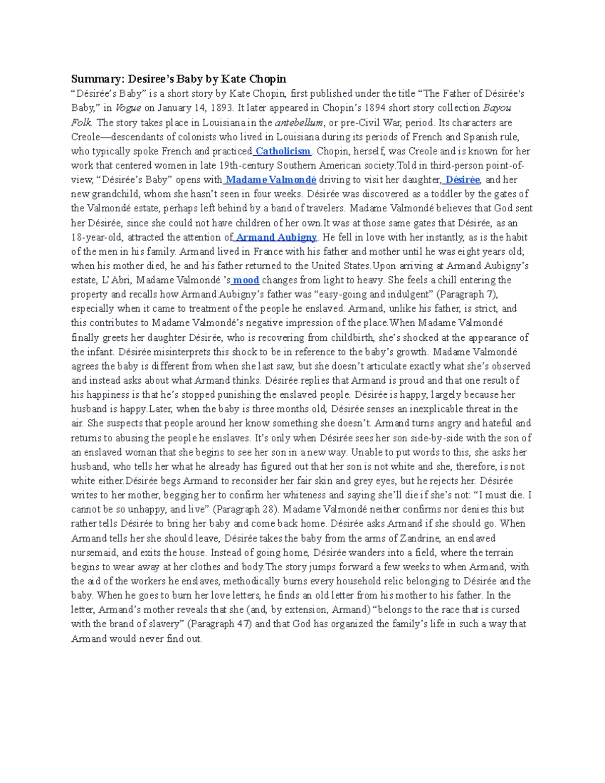 Summary of "Désirée's Baby" by Kate Chopin: Themes & Analysis - Studocu