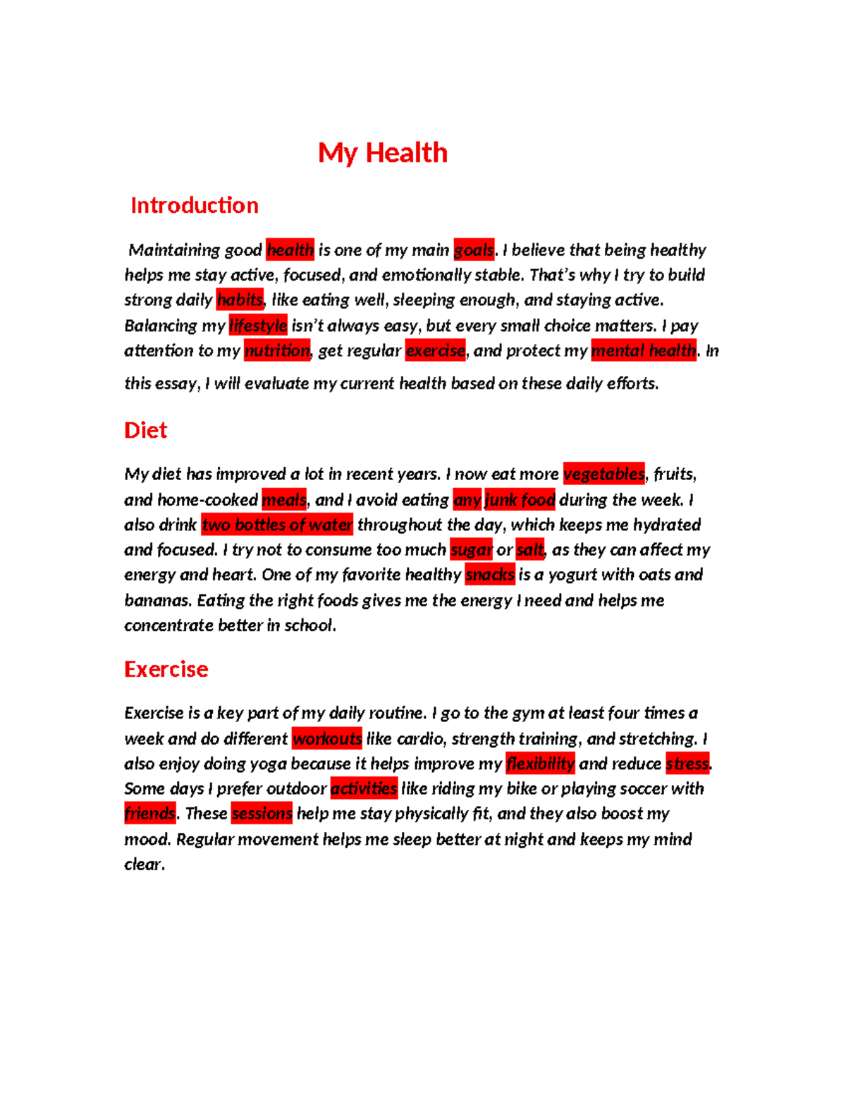 Health Essay: My Journey to Wellness and Daily Habits - Studocu