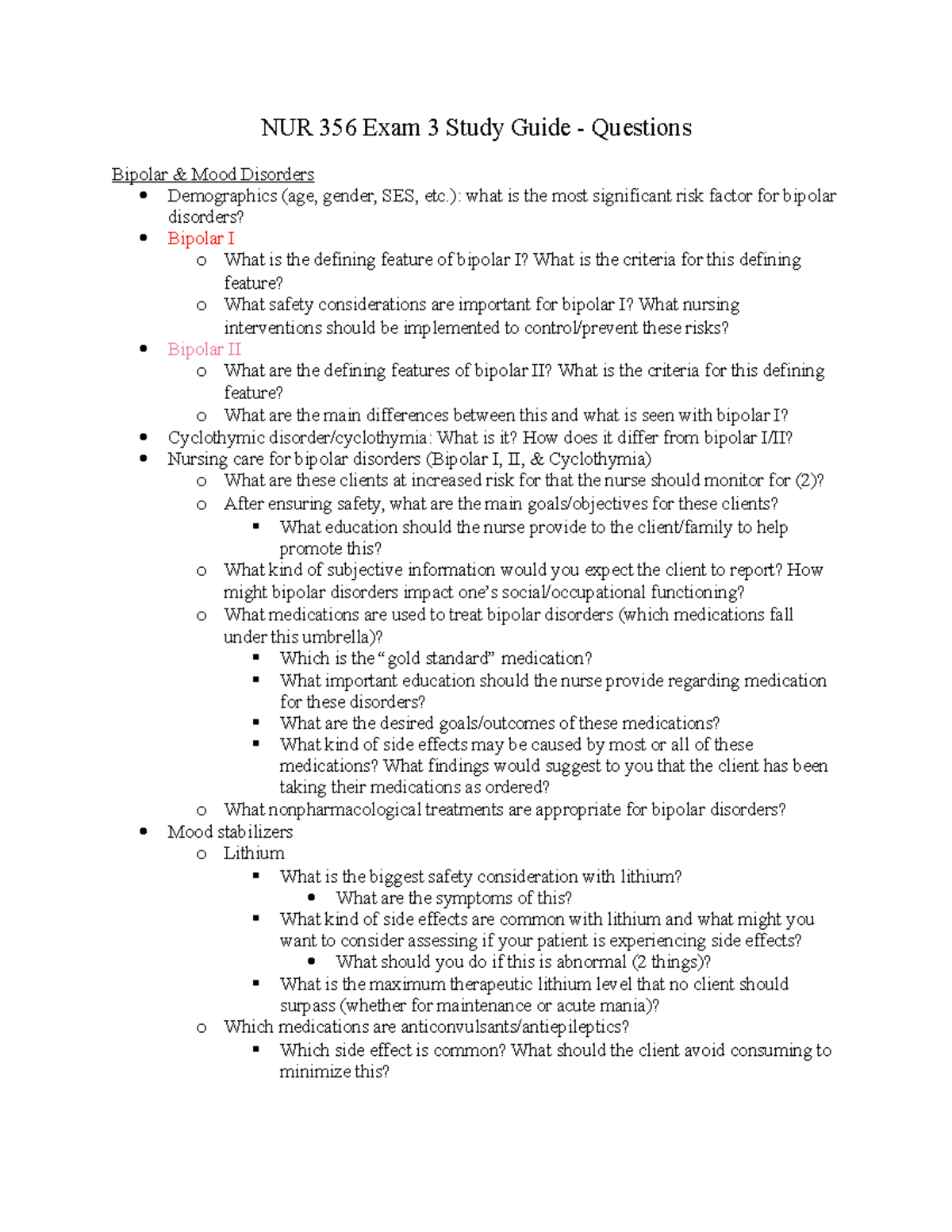 NUR 356 Exam 3 Study Guide: Bipolar, Mood Disorders & Med Math - Studocu