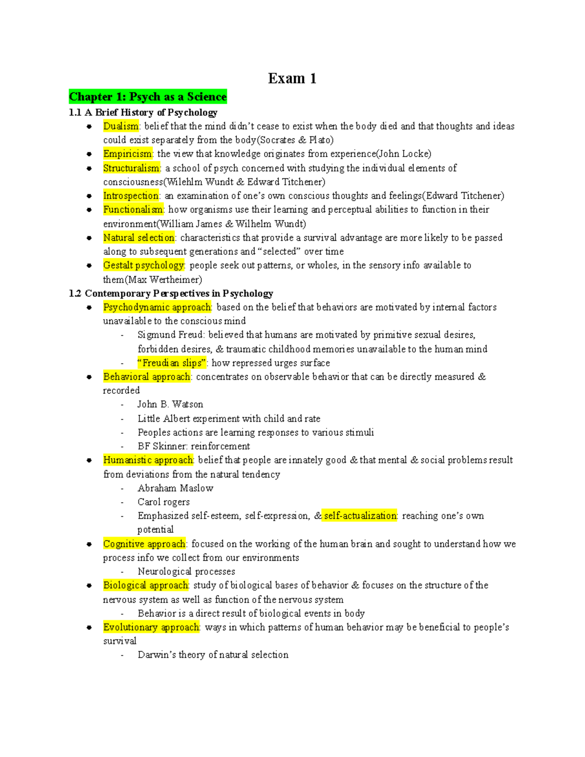 MSU Psych 121 Exam 1 - Comprehensive Study Notes for Intro to ...