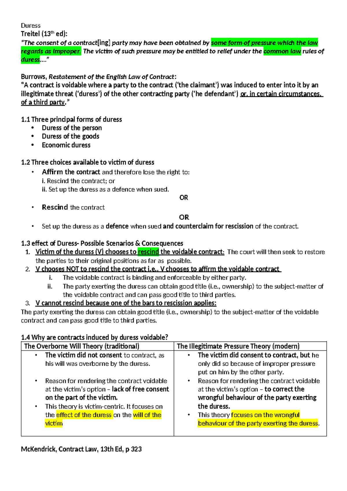 Exam Notes - Contract Law & Duress (Course Code: LAW-321) - Studocu