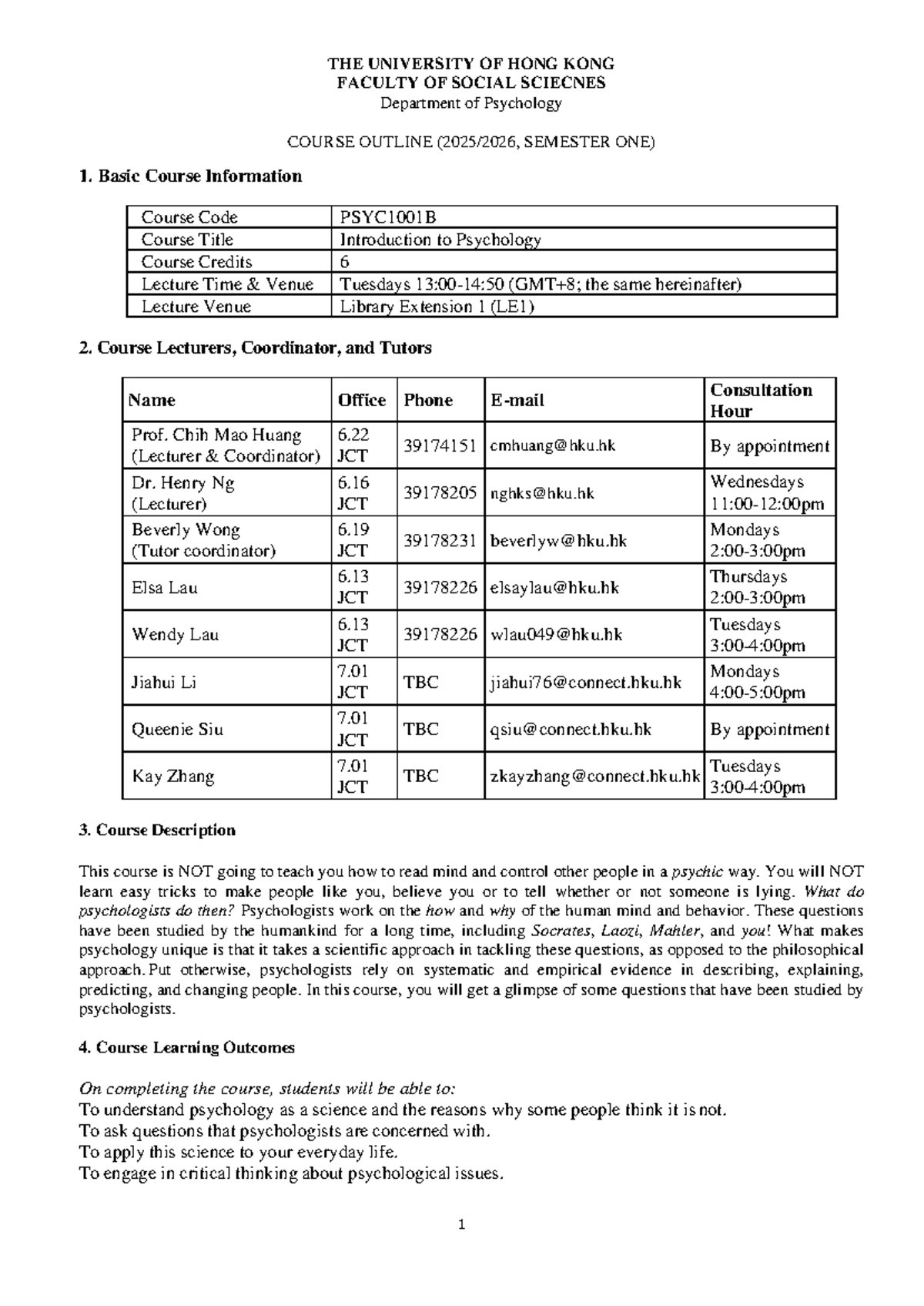 PSYC1001B Introduction to Psychology Course Outline (Semester One ...