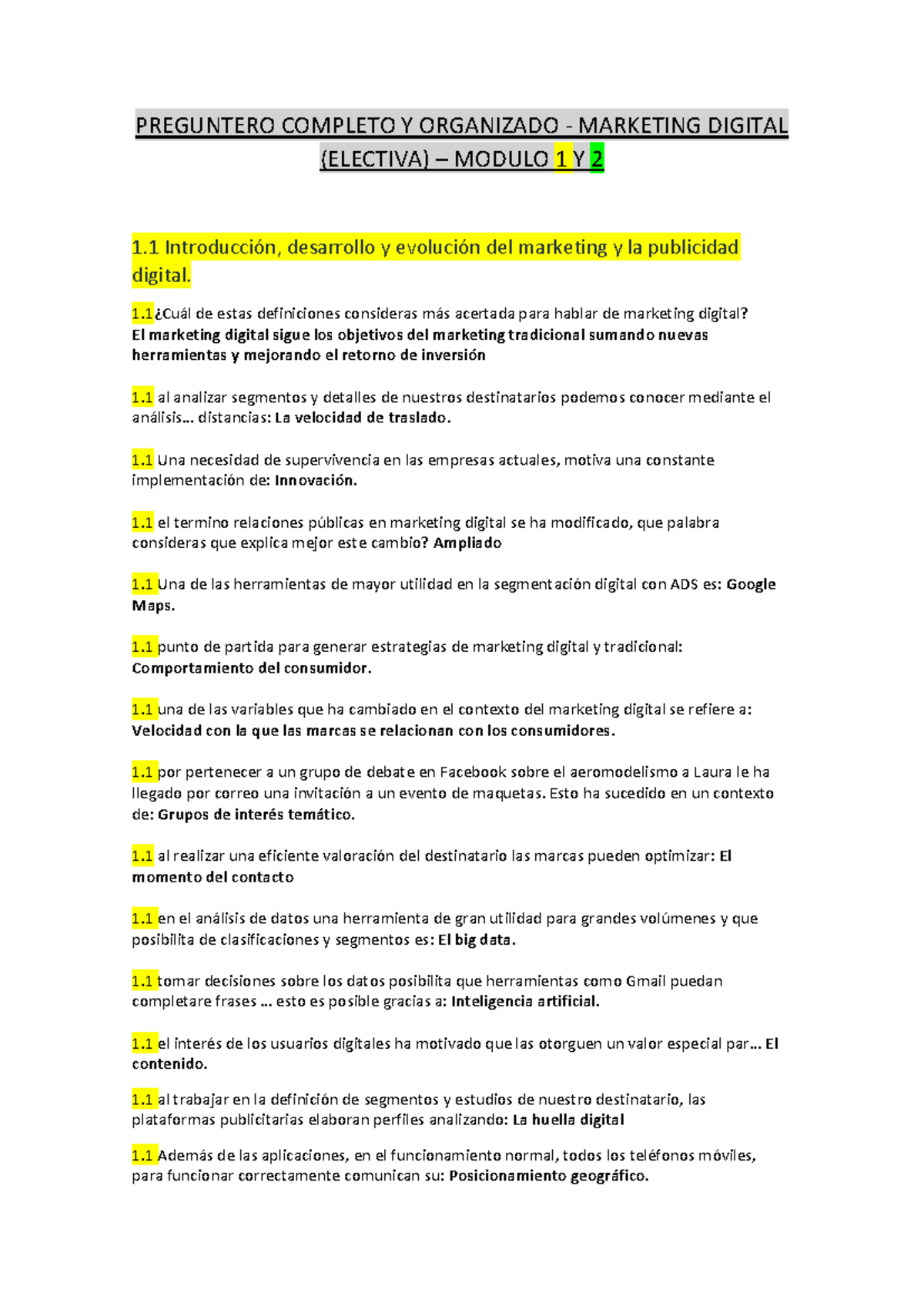 PREGUNTERO COMPLETO Y ORGANIZADO - MARKETING DIGITAL (ELECTIVA) MÓDULOS 1 Y 2 - Document Preview