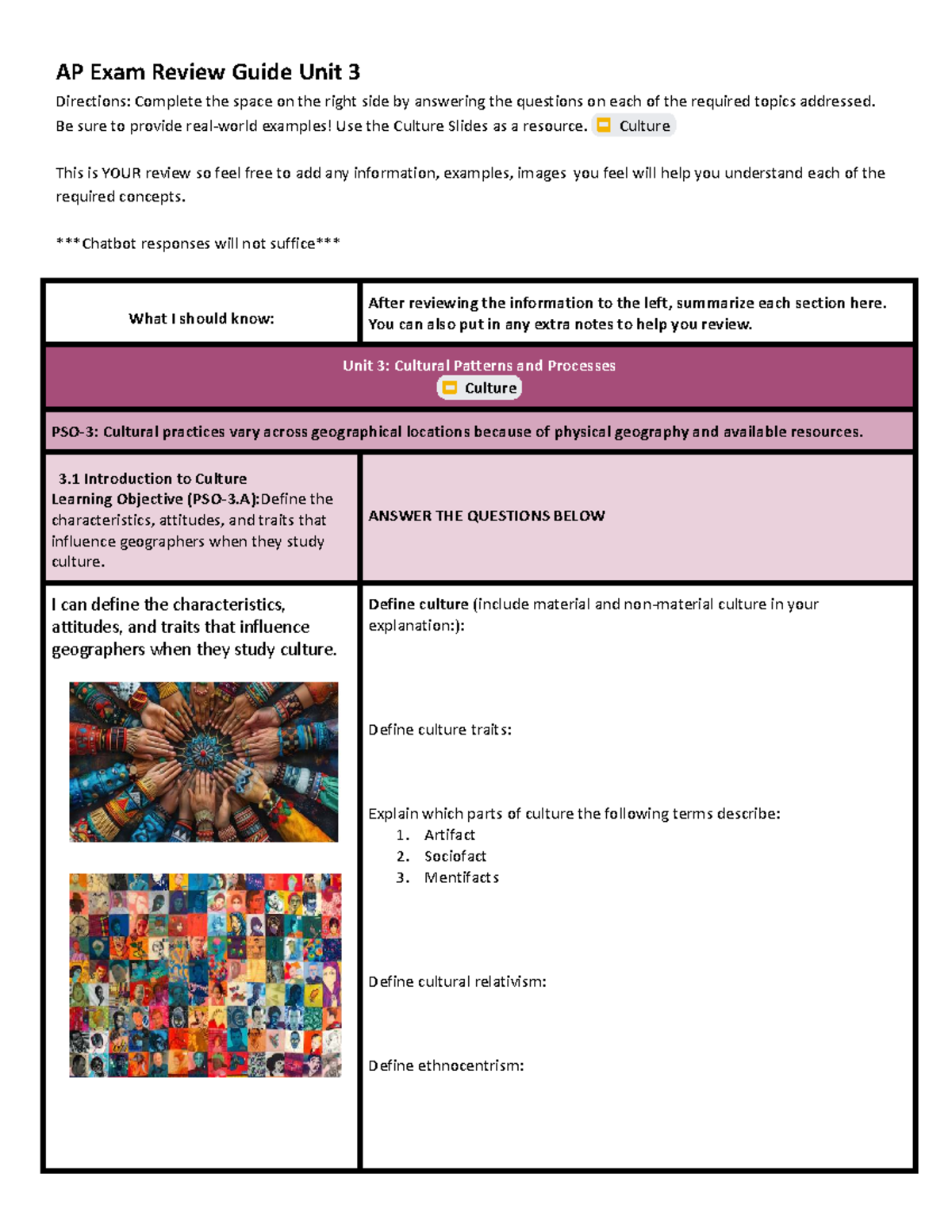 AP Exam Review Guide: Unit 3 Cultural Patterns - Studocu