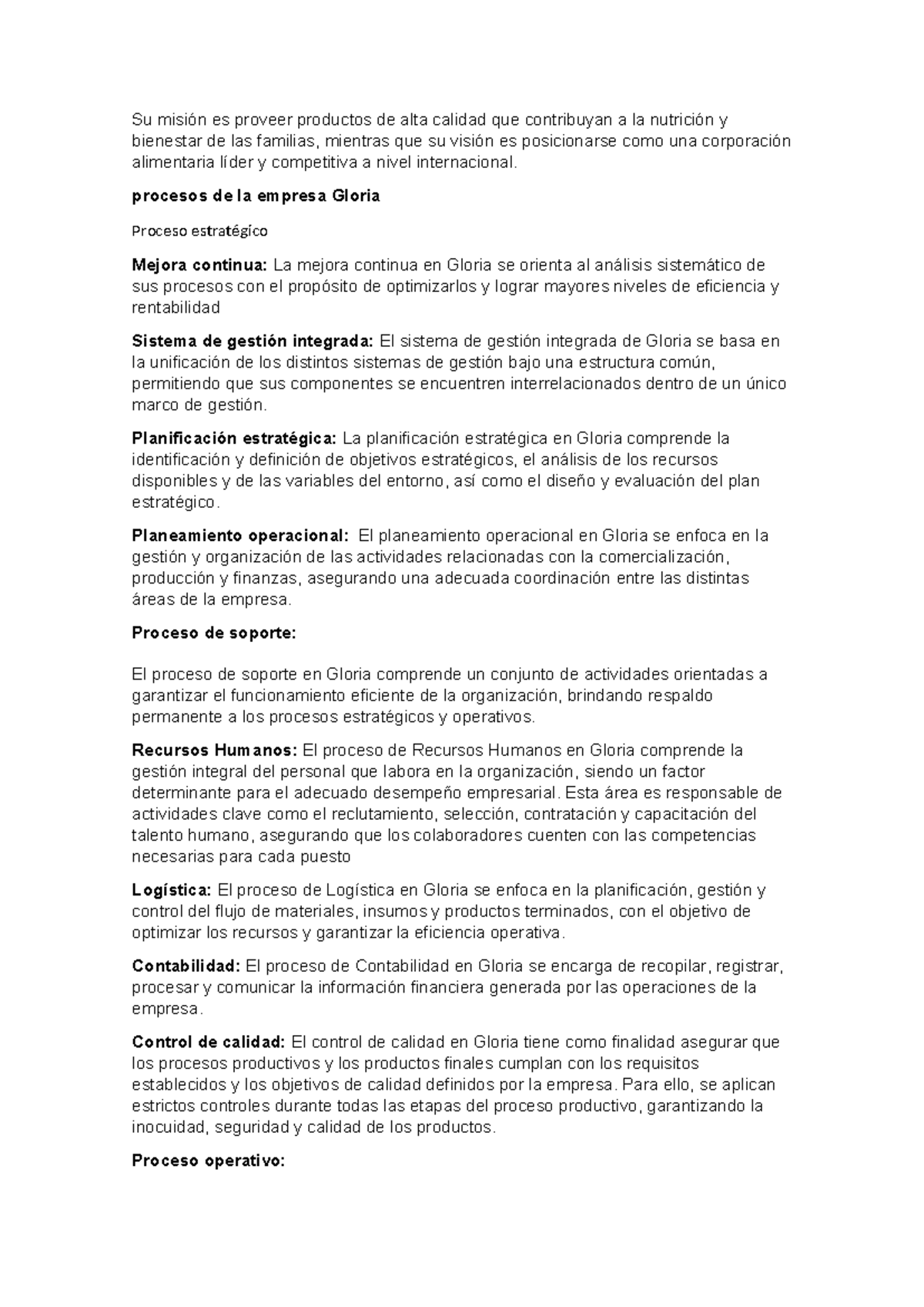 Estrategias de Gestión y Mejora Continua en Gloria - Proceso Operativo ...