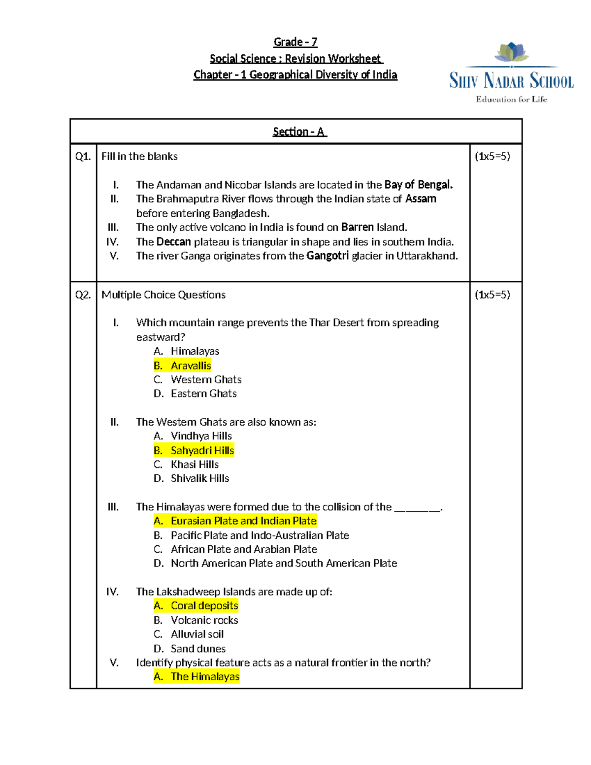 Grade 7 Social Science: Revision Worksheet Answer Key for Chapter 1 ...