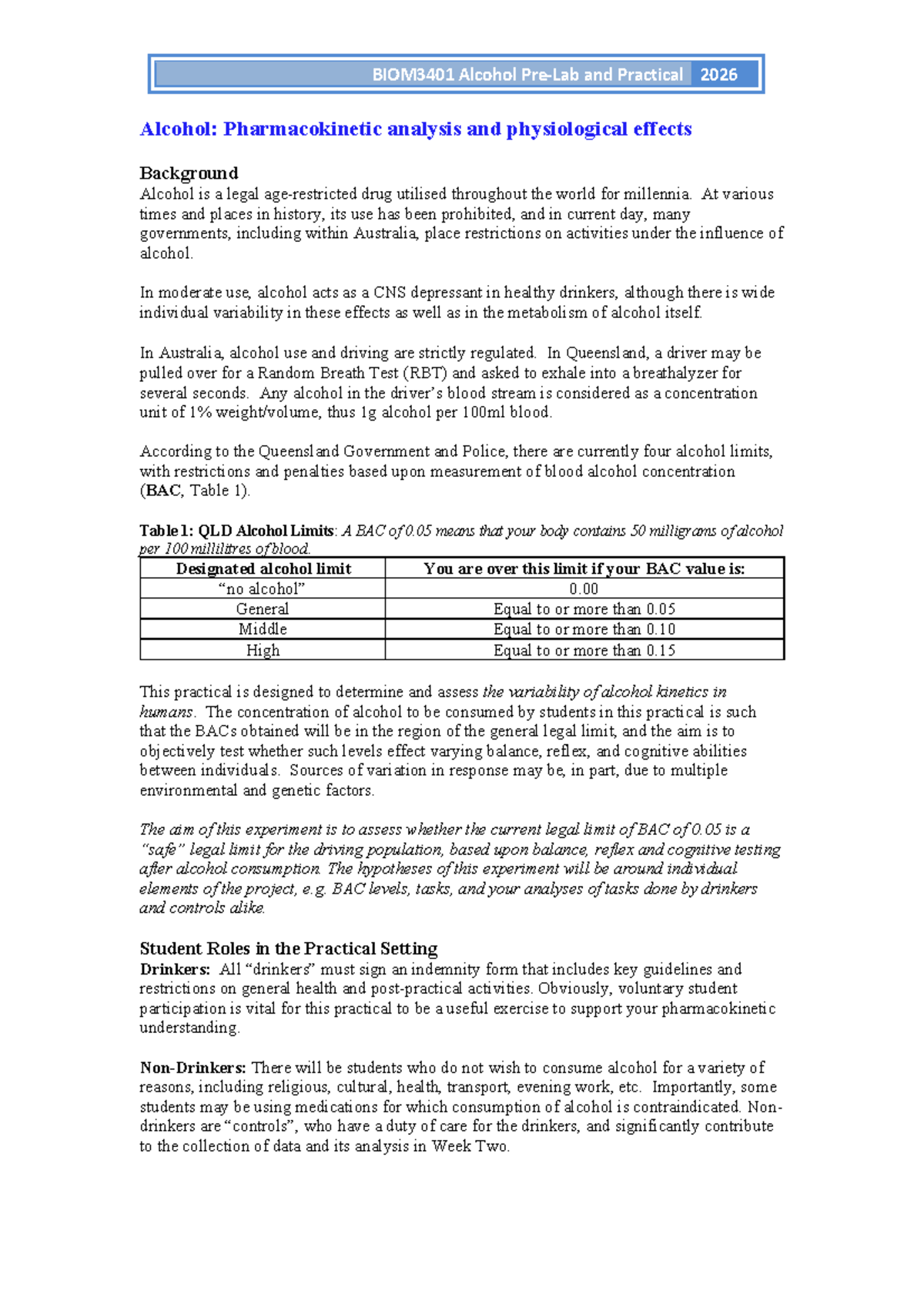 BIOM3401 Alcohol Practical Notes 2026: Pharmacokinetics & Effects - Studocu