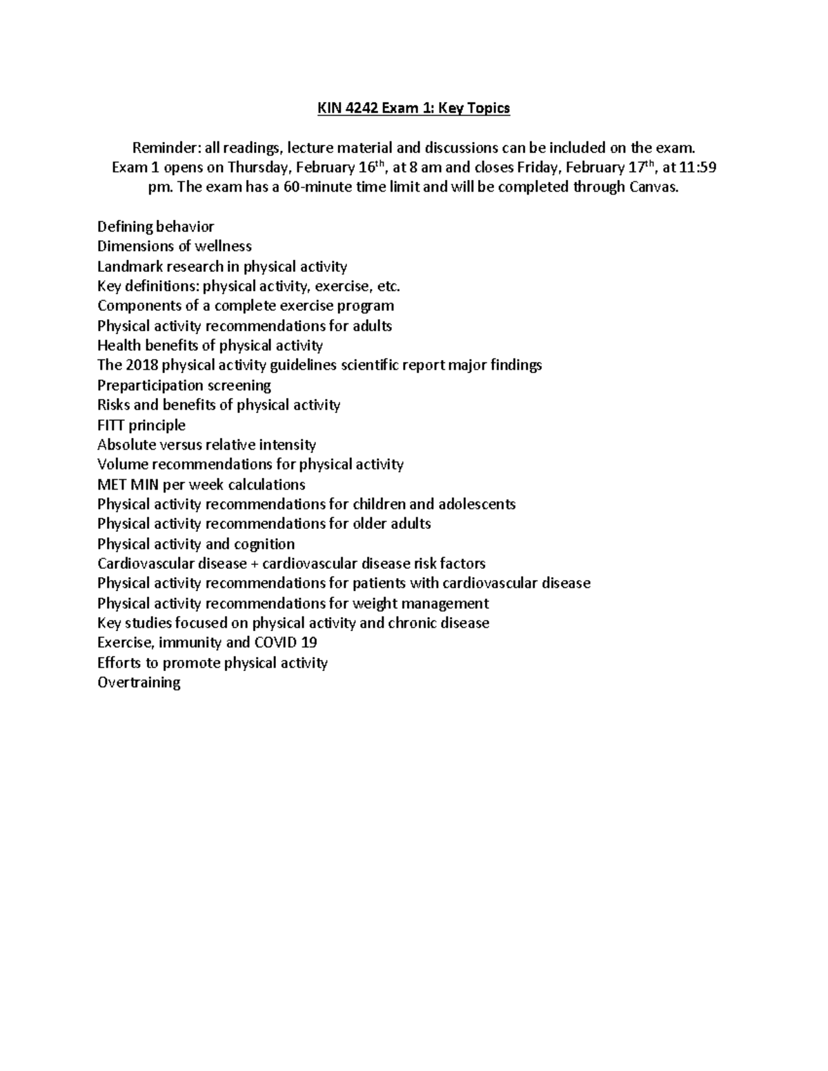 KIN 4242 Exam 1 Study Guide: Key Topics & Guidelines - Studocu