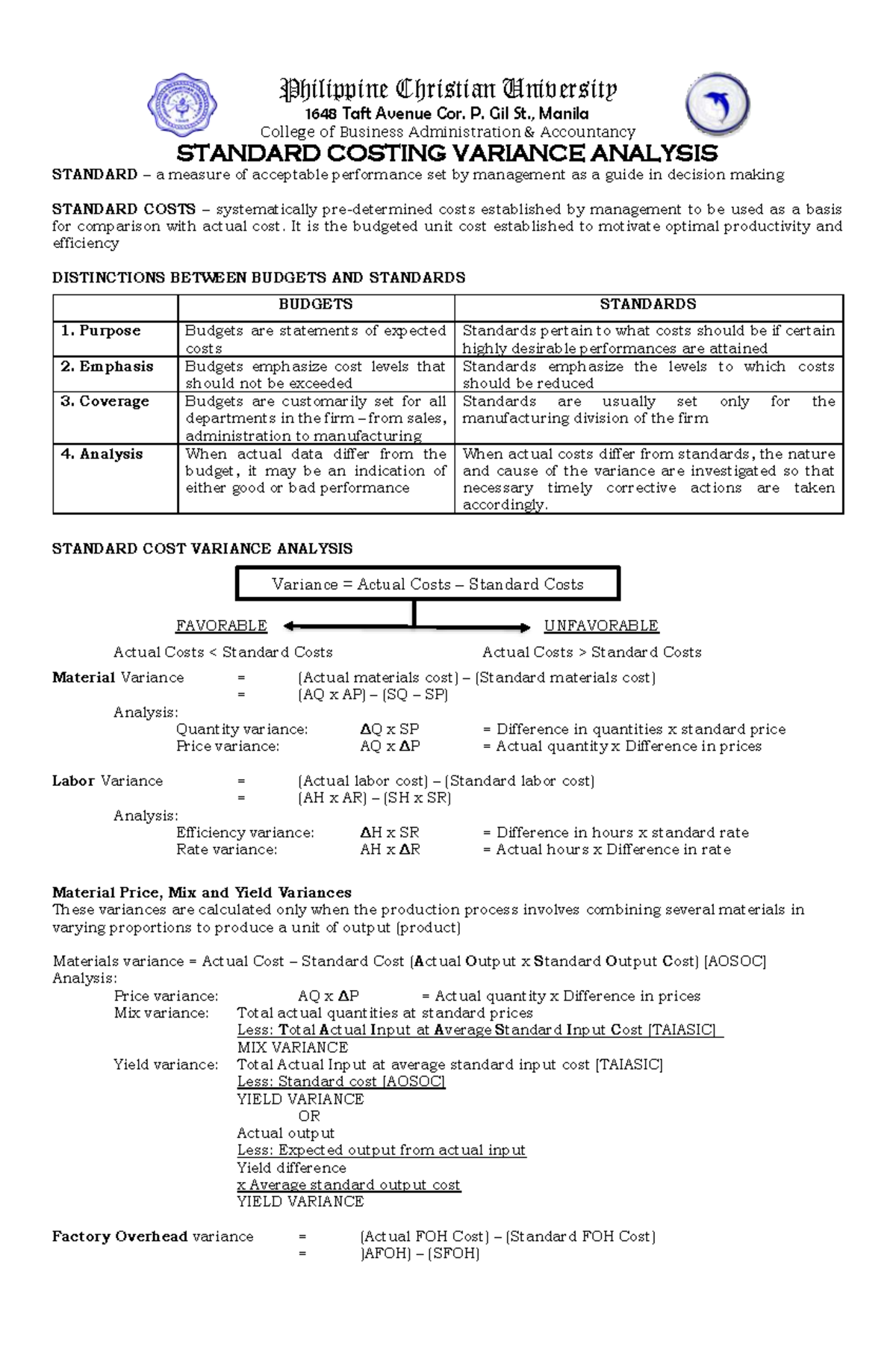 Standard Costing Variance Analysis - ACCT 101, Batangas State ...