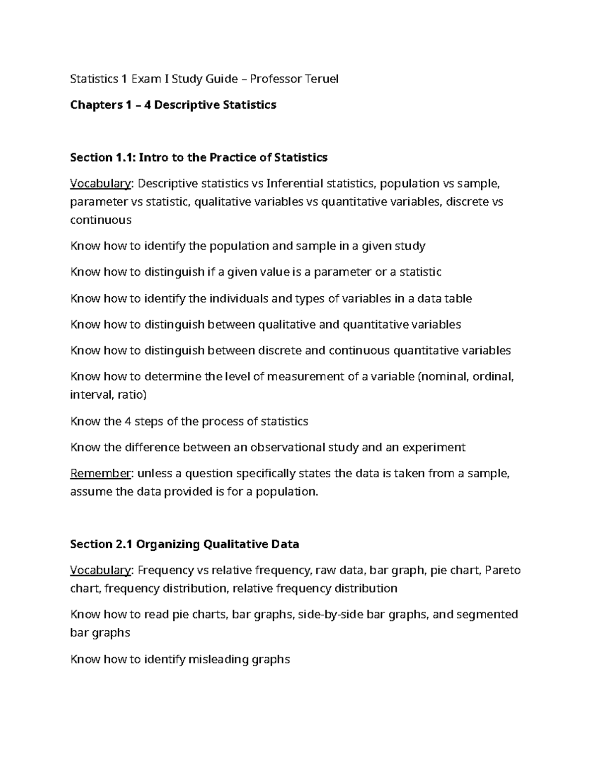 Statistics 1 Exam I Study Guide: Chapters 1-4 Overview - Studocu
