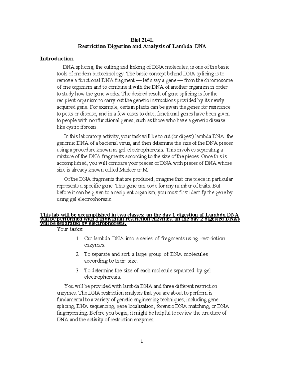 Biol 214L - Restriction Digestion & Gel Analysis of Lambda DNA - Studocu