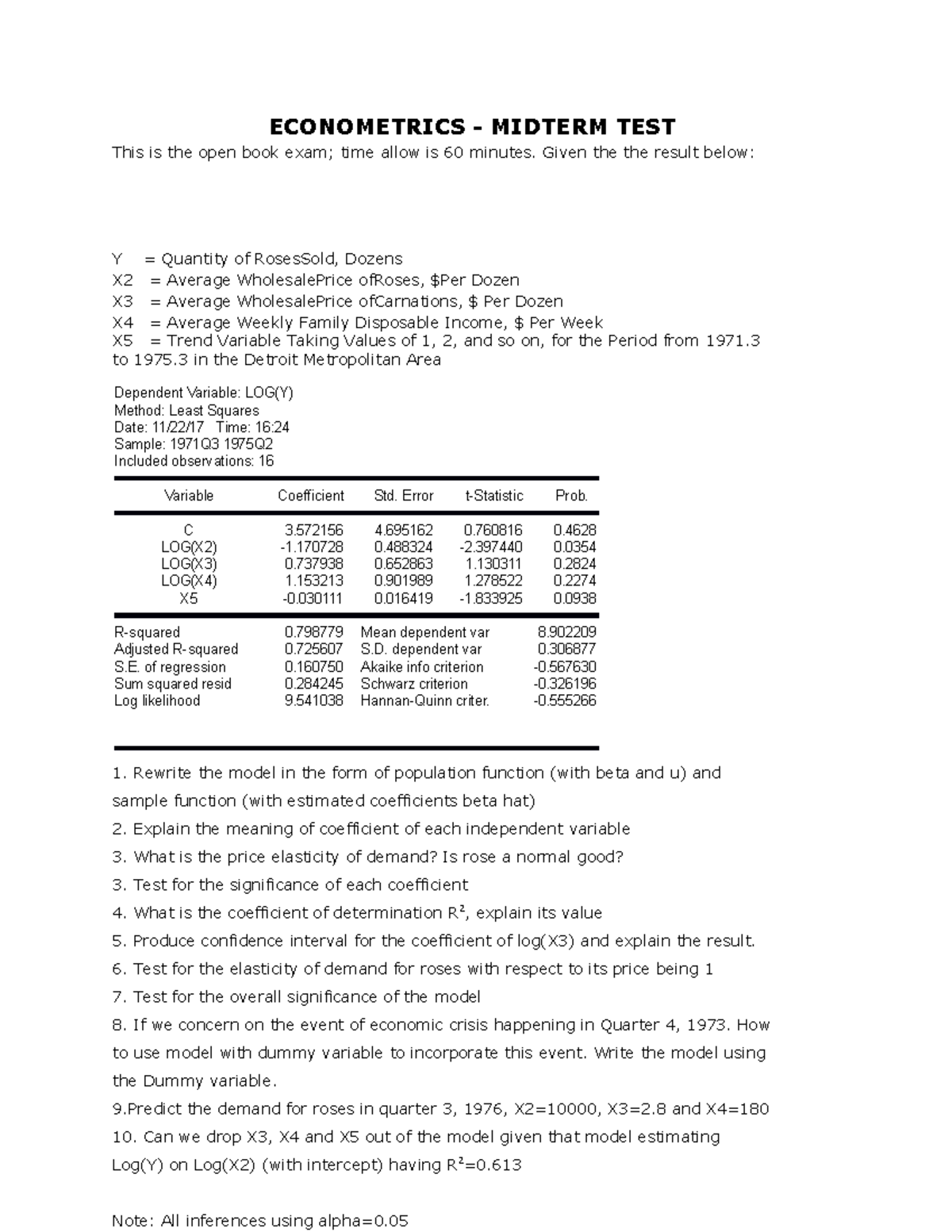 Econometrics Midterm Exam 2021 Analysis Of Rose Demand Model Studocu