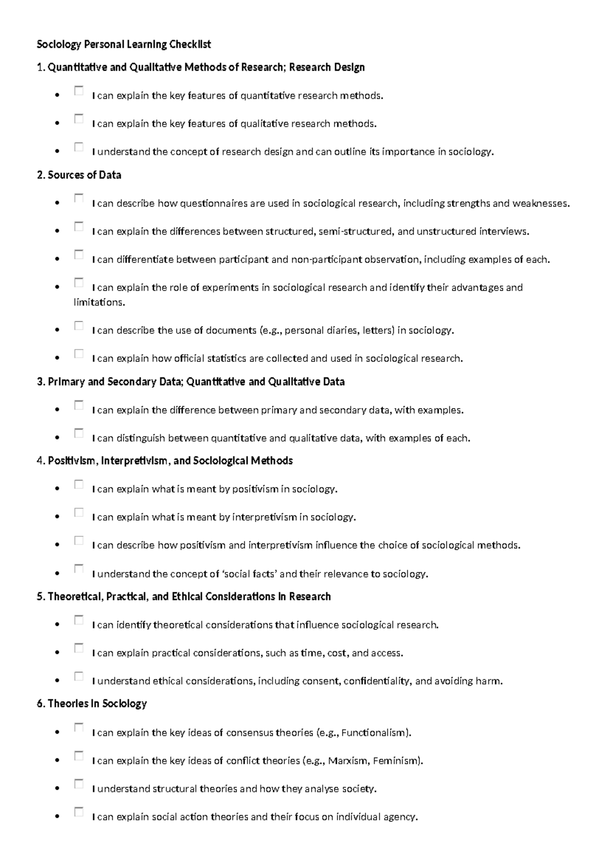 Sociology PL Checklist - Methods in Context: Quantitative & Qualitative ...