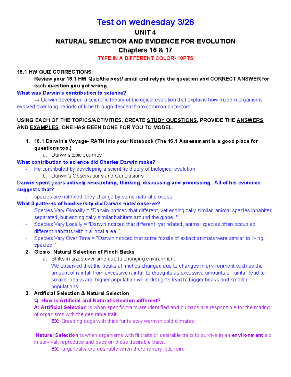 Unit 4 Study Guide: Natural Selection & Evolution Evidence (BIO 101 ...
