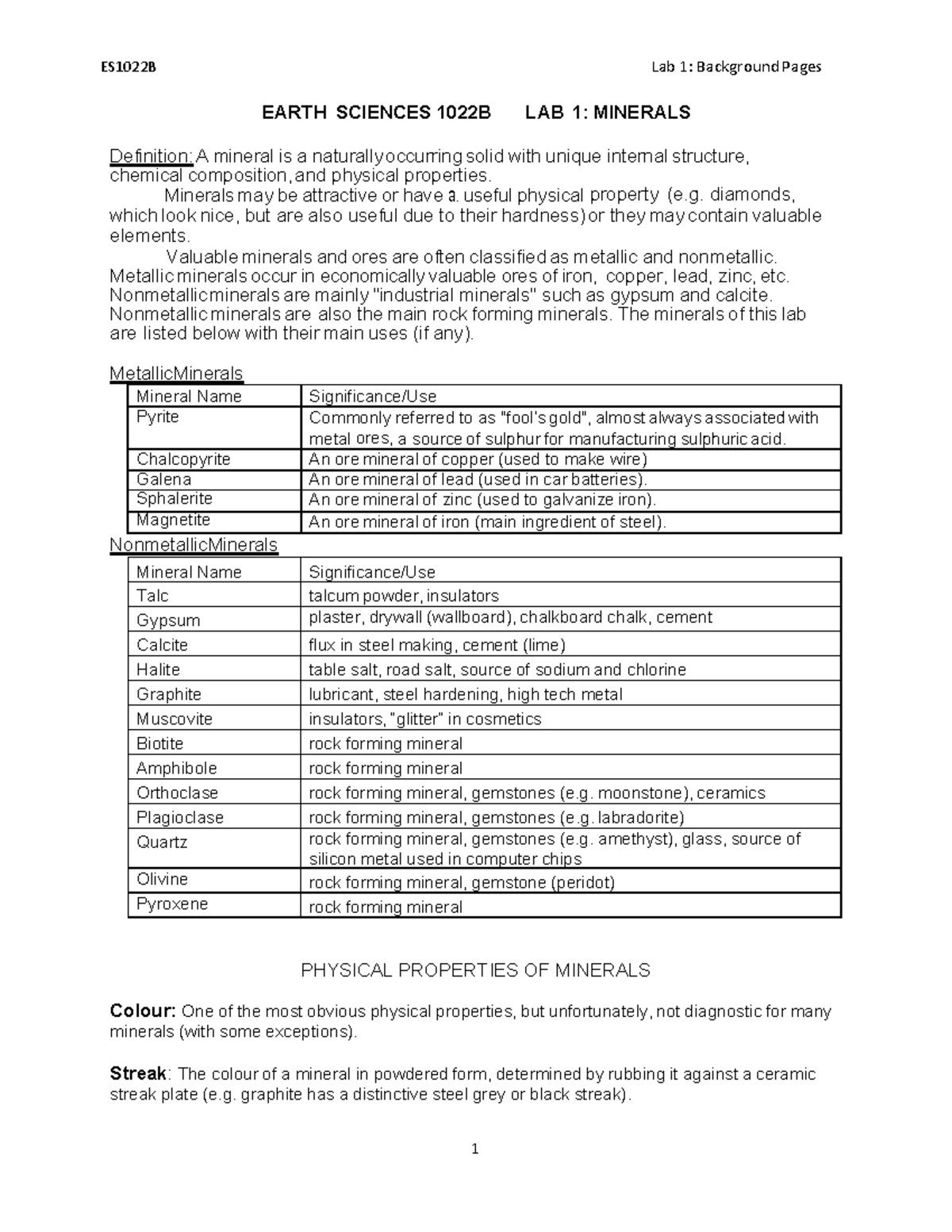 ES LAB 1 Asngm - lab 1 assignment earth rocks ! - ES1022B Lab 1 ...