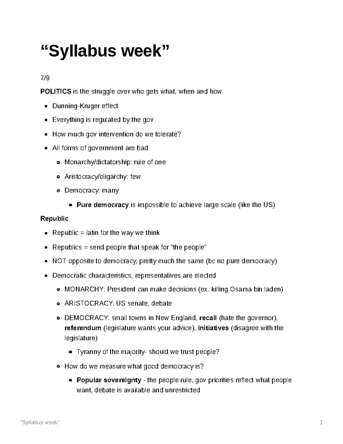 POLS UN1201 - Week 1 Lecture Notes on Politics & Government Dynamics ...