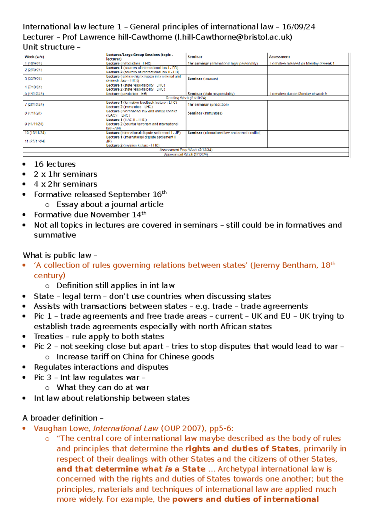 International law lecture 1 - ac) Unit structure – 16 lectures 2 x 1hr ...