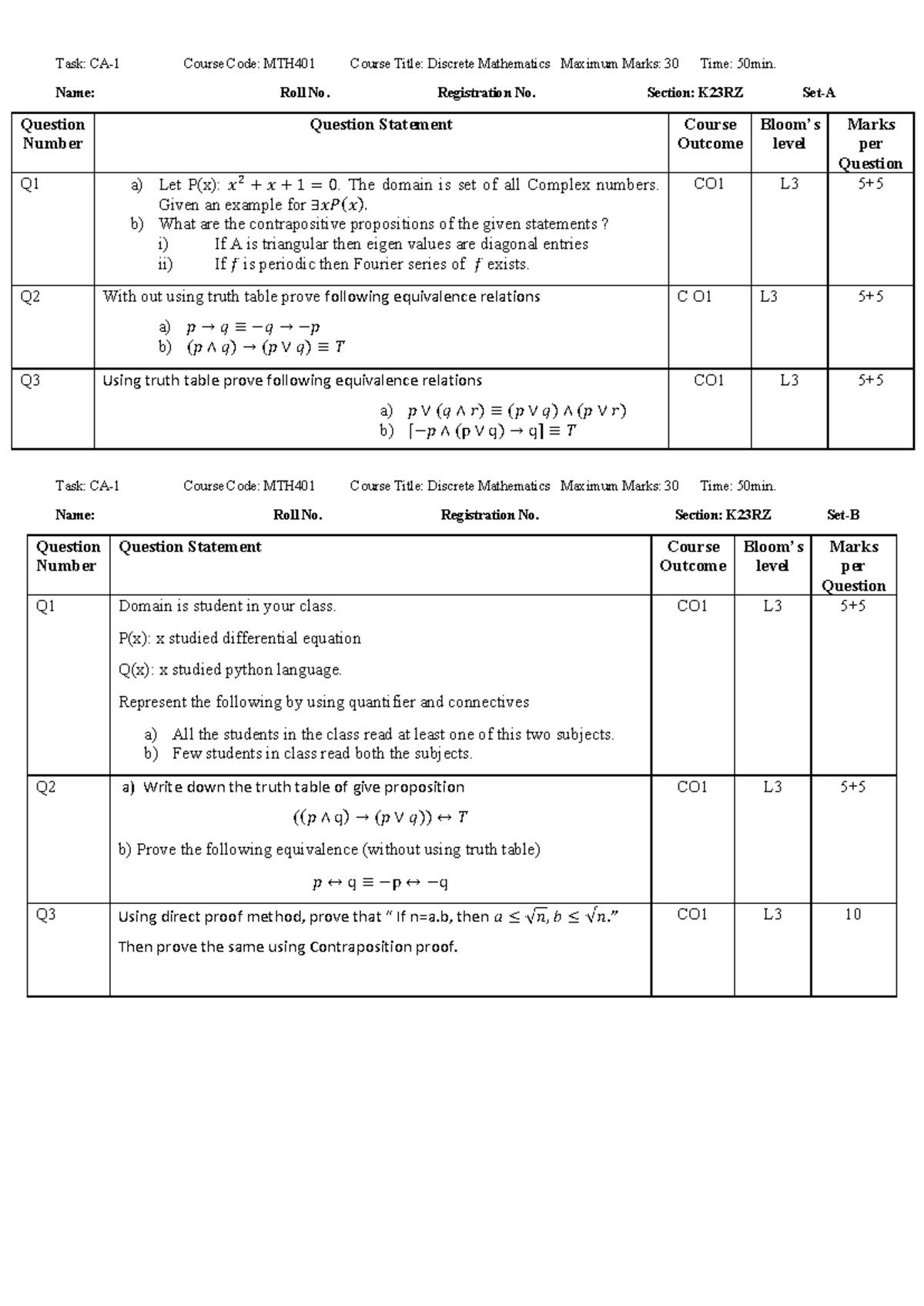 MTH 401 - CA-1 Discrete Mathematics Set A & B Papers - Studocu